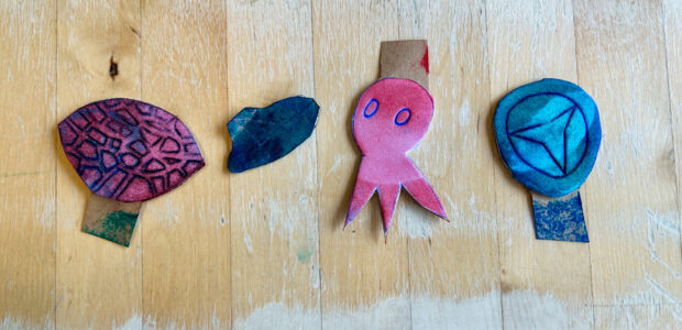 A turtle shell, leaf, octopus and circle stamp.